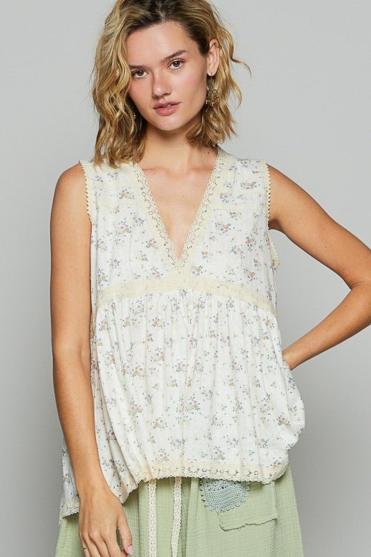 POL Lace Detail Floral V - Neck Sleeveless Top - Sleekdenim.com