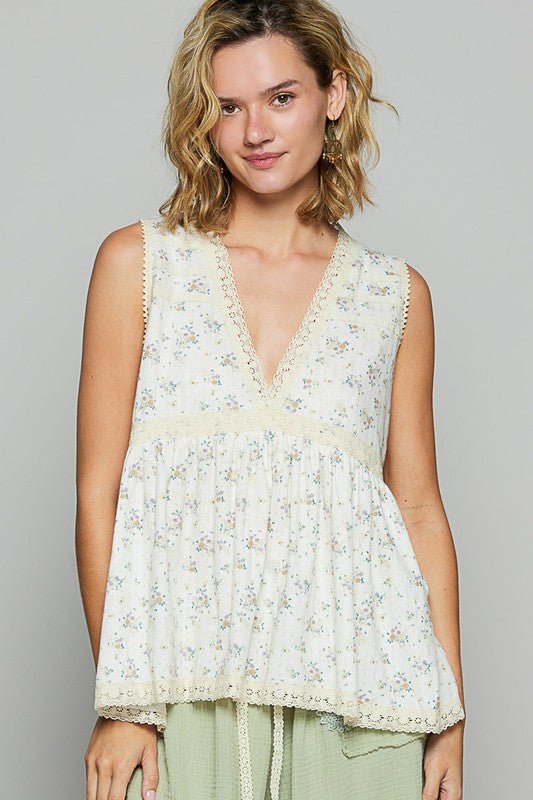 POL Lace Detail Floral V - Neck Sleeveless Top - Sleekdenim.com