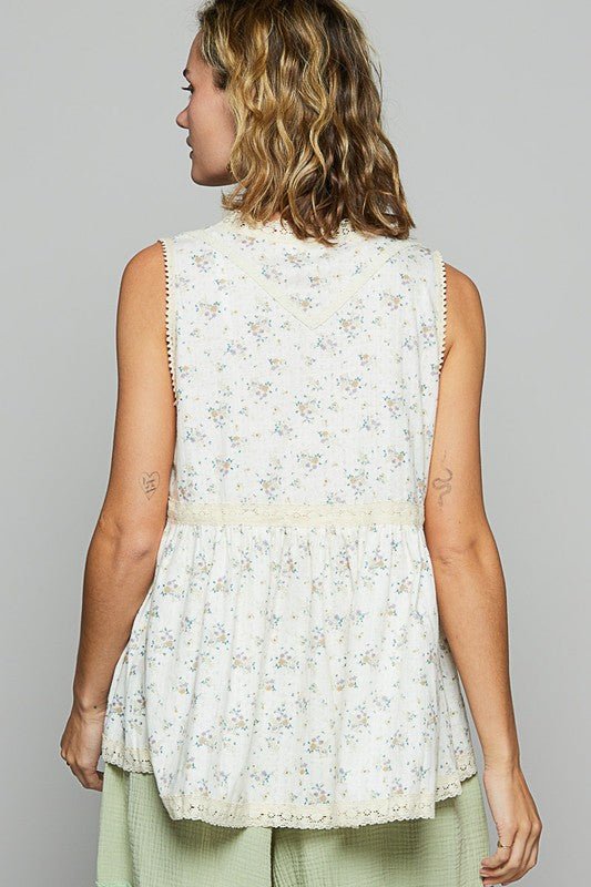 POL Lace Detail Floral V - Neck Sleeveless Top - Sleekdenim.com