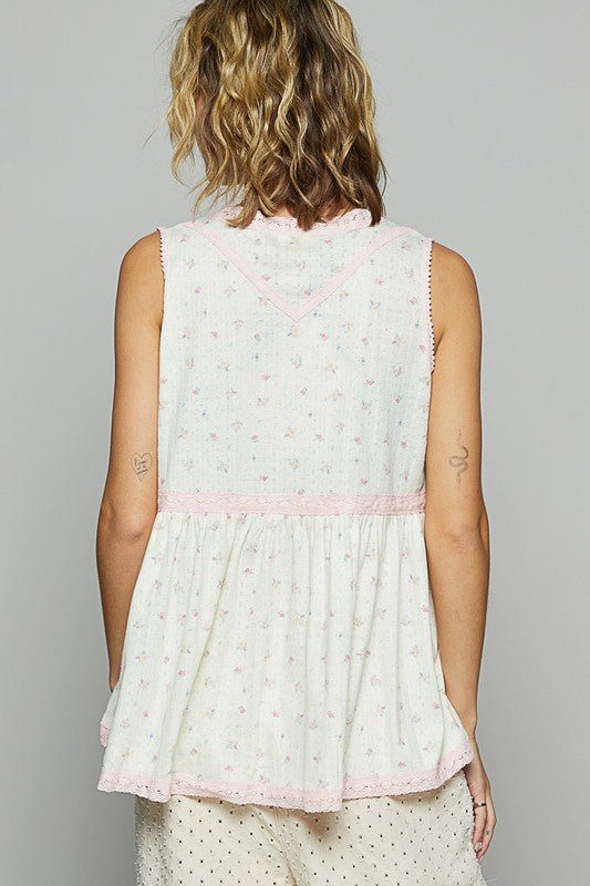 POL Lace Detail Floral V - Neck Sleeveless Top - Sleekdenim.com