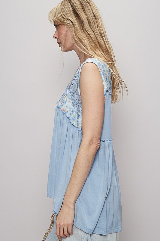 POL Lace Detail Frill Floral V - Neck Sleeveless Top - Sleekdenim.com