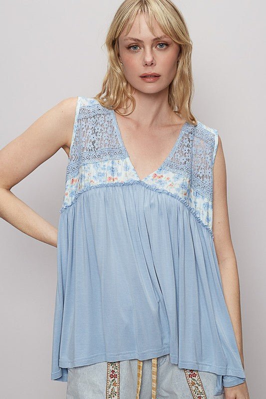 POL Lace Detail Frill Floral V - Neck Sleeveless Top - Sleekdenim.com