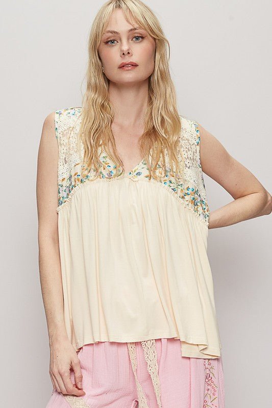 POL Lace Detail Frill Floral V - Neck Sleeveless Top - Sleekdenim.com