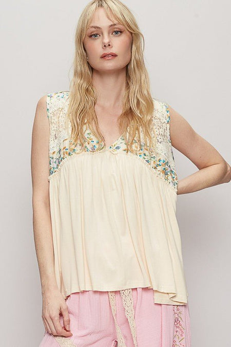 POL Lace Detail Frill Floral V - Neck Sleeveless Top - Sleekdenim.com