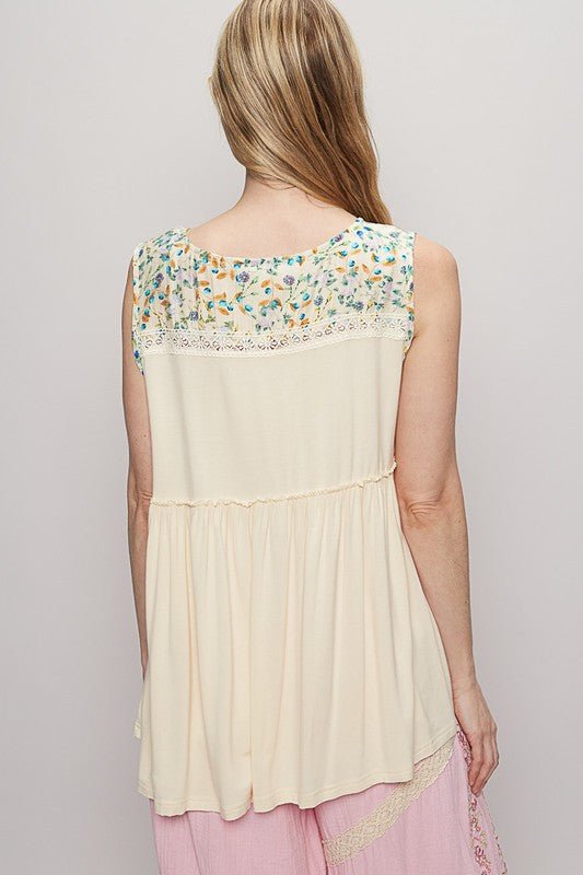 POL Lace Detail Frill Floral V - Neck Sleeveless Top - Sleekdenim.com