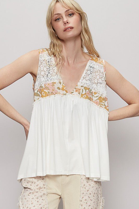 POL Lace Detail Frill Floral V - Neck Sleeveless Top - Sleekdenim.com