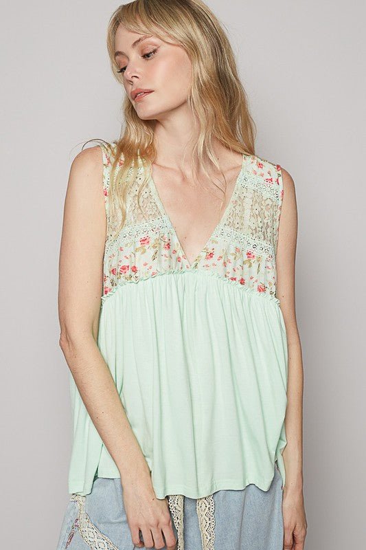 POL Lace Detail Frill Floral V - Neck Sleeveless Top - Sleekdenim.com