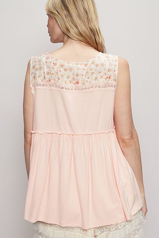 POL Lace Detail Frill Floral V - Neck Sleeveless Top - Sleekdenim.com