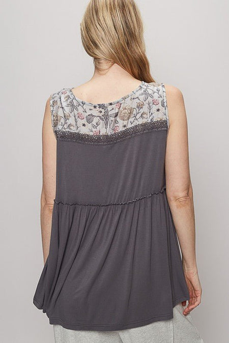 POL Lace Detail Frill Floral V - Neck Sleeveless Top - Sleekdenim.com