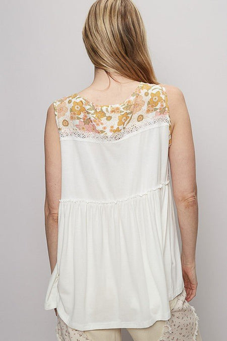 POL Lace Detail Frill Floral V - Neck Sleeveless Top - Sleekdenim.com