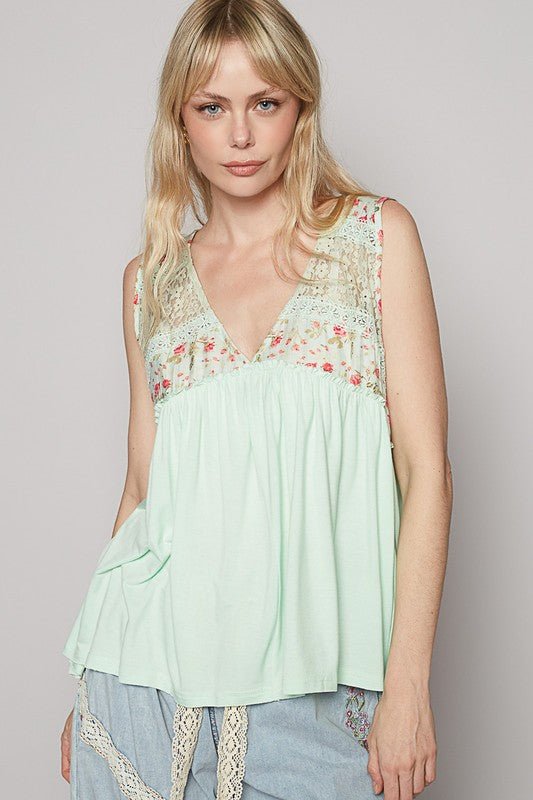 POL Lace Detail Frill Floral V - Neck Sleeveless Top - Sleekdenim.com