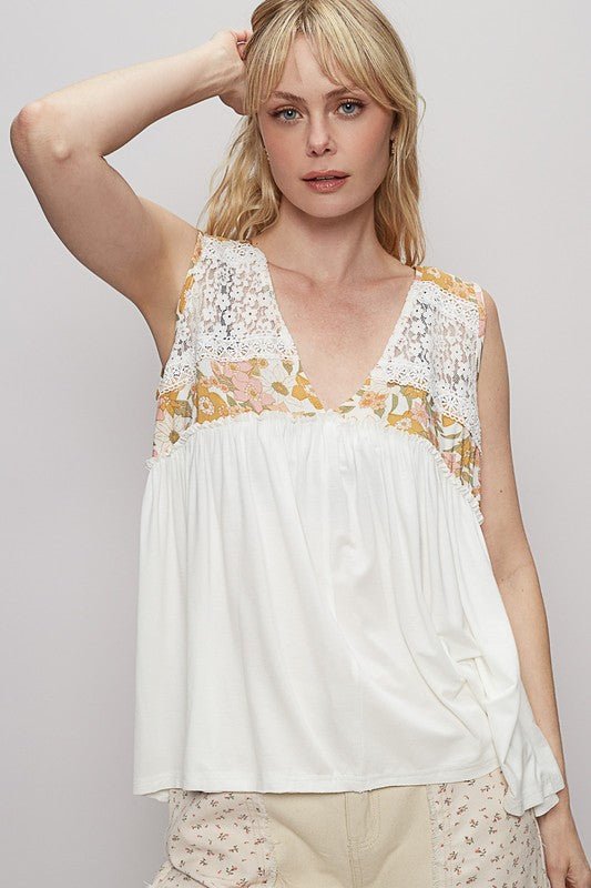 POL Lace Detail Frill Floral V - Neck Sleeveless Top - Sleekdenim.com