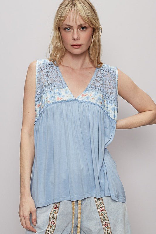 POL Lace Detail Frill Floral V - Neck Sleeveless Top - Sleekdenim.com