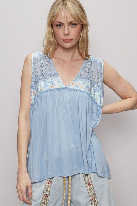 POL Lace Detail Frill Floral V - Neck Sleeveless Top - Sleekdenim.com