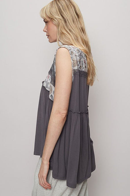 POL Lace Detail Frill Floral V - Neck Sleeveless Top - Sleekdenim.com