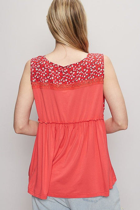 POL Lace Detail Frill Floral V - Neck Sleeveless Top - Sleekdenim.com