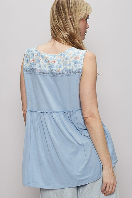 POL Lace Detail Frill Floral V - Neck Sleeveless Top - Sleekdenim.com