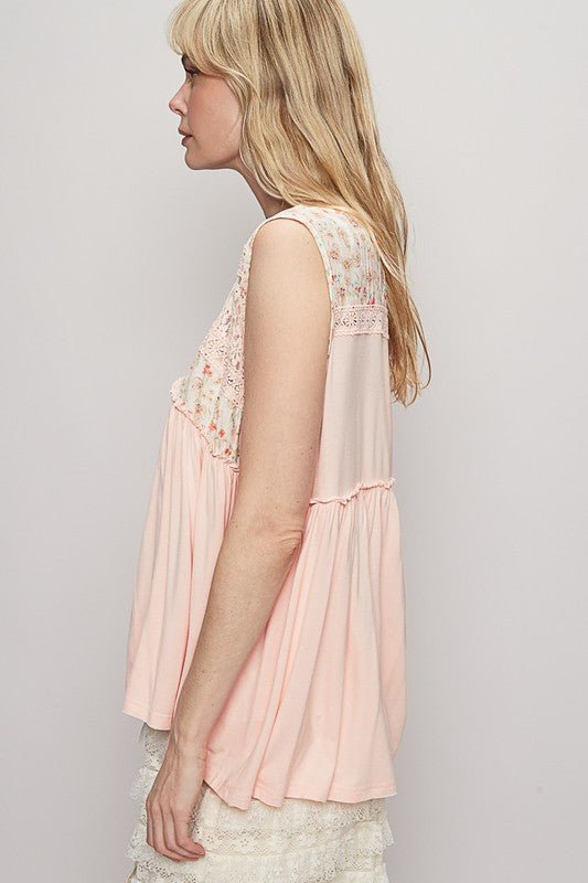 POL Lace Detail Frill Floral V - Neck Sleeveless Top - Sleekdenim.com