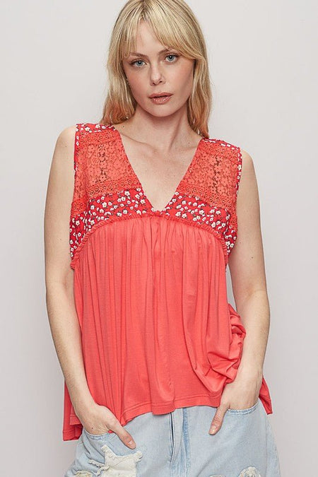 POL Lace Detail Frill Floral V - Neck Sleeveless Top - Sleekdenim.com