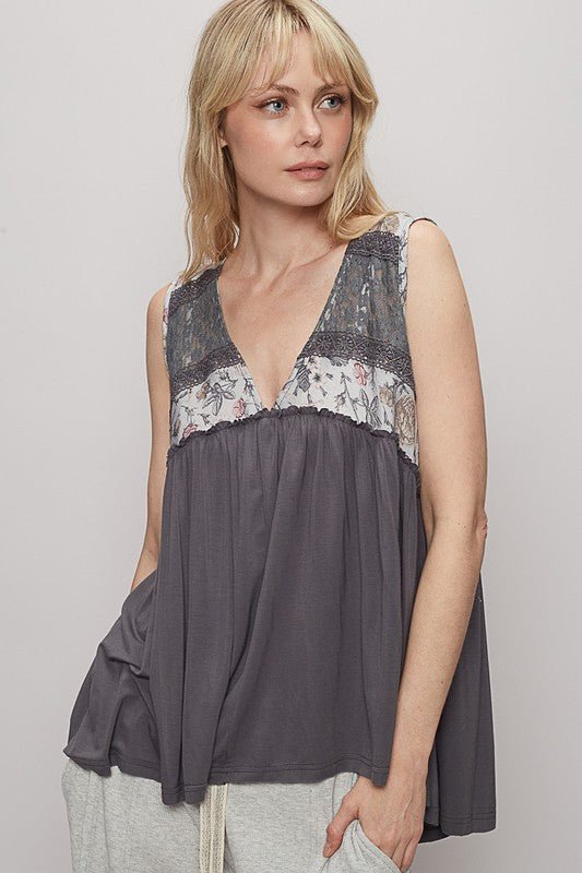 POL Lace Detail Frill Floral V - Neck Sleeveless Top - Sleekdenim.com