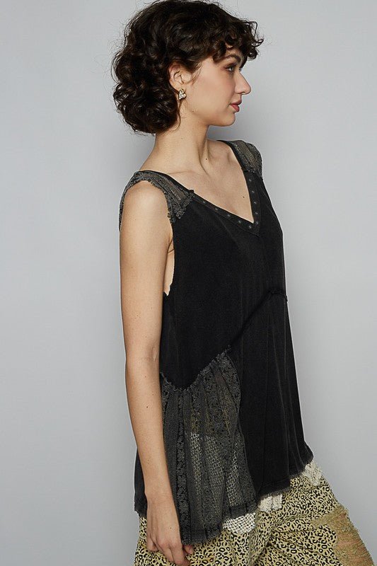 POL Lace Detail Studded Crisscross Back V - Neck Sleeveless Top - Sleekdenim.com