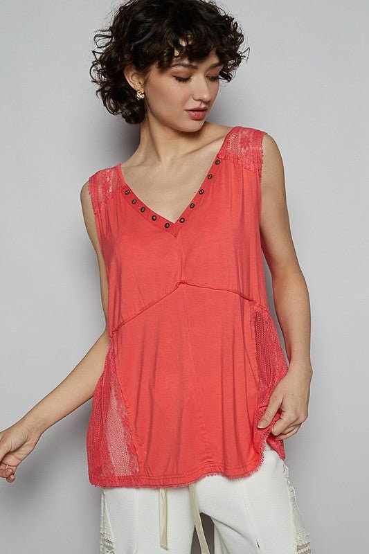 POL Lace Detail Studded Crisscross Back V - Neck Sleeveless Top - Sleekdenim.com