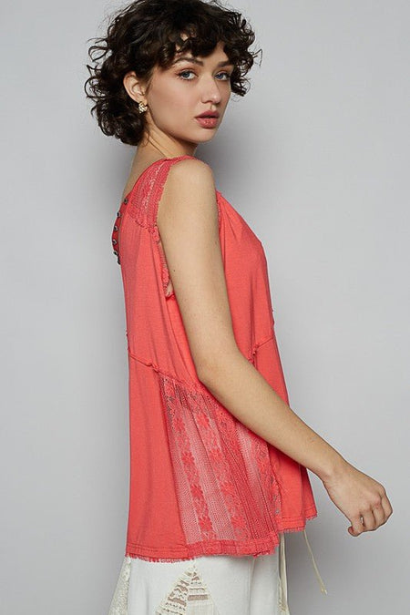 POL Lace Detail Studded Crisscross Back V - Neck Sleeveless Top - Sleekdenim.com