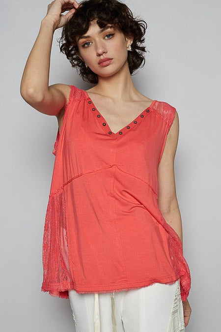 POL Lace Detail Studded Crisscross Back V - Neck Sleeveless Top - Sleekdenim.com