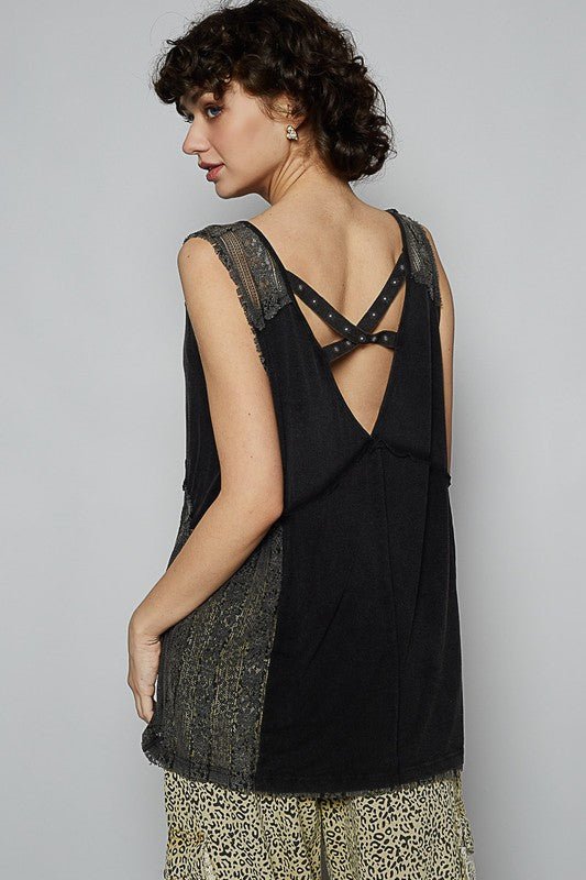 POL Lace Detail Studded Crisscross Back V - Neck Sleeveless Top - Sleekdenim.com