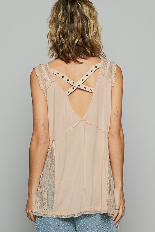 POL Lace Detail Studded Crisscross Back V - Neck Sleeveless Top - Sleekdenim.com