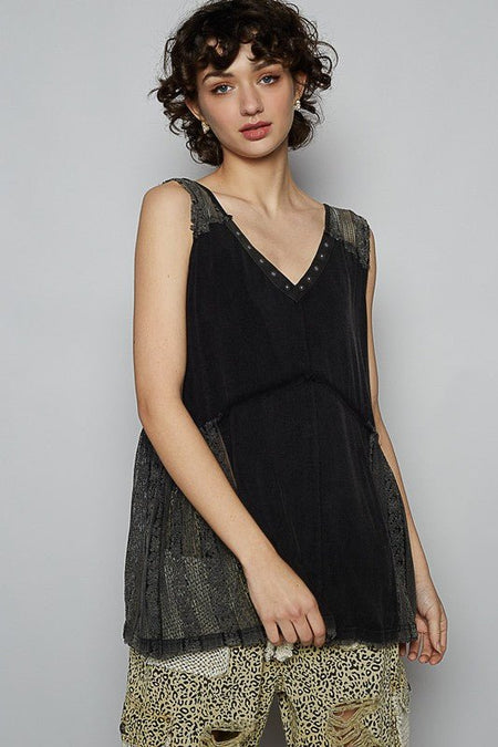 POL Lace Detail Studded Crisscross Back V - Neck Sleeveless Top - Sleekdenim.com