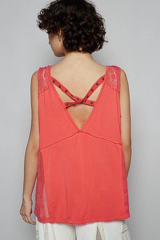 POL Lace Detail Studded Crisscross Back V - Neck Sleeveless Top - Sleekdenim.com