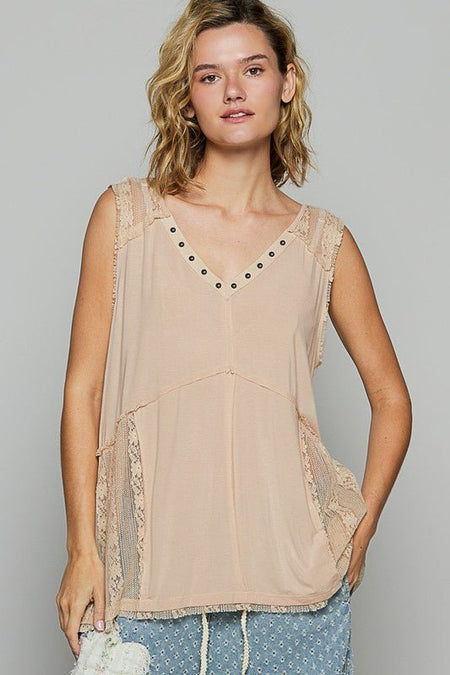 POL Lace Detail Studded Crisscross Back V - Neck Sleeveless Top - Sleekdenim.com