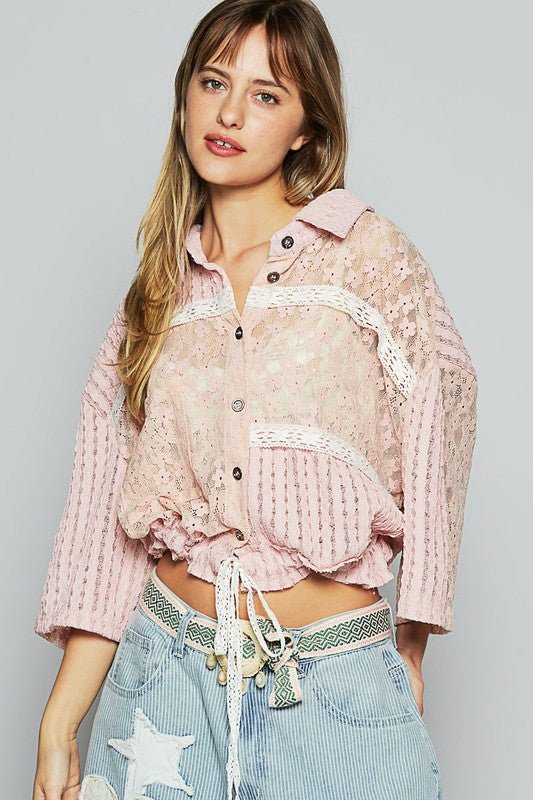 POL Lace Drawstring Hem Button Up 3/4 Sleeve Shacket - Sleekdenim.com