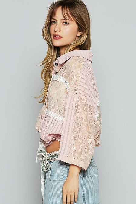 POL Lace Drawstring Hem Button Up 3/4 Sleeve Shacket - Sleekdenim.com