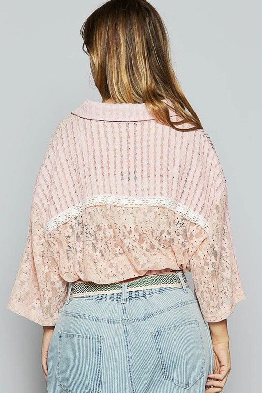 POL Lace Drawstring Hem Button Up 3/4 Sleeve Shacket - Sleekdenim.com