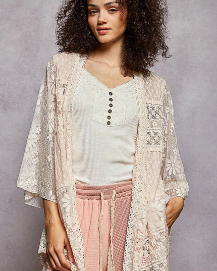 POL Lace Floral Open Front Cardigan with Trim Detail - Sleekdenim.com