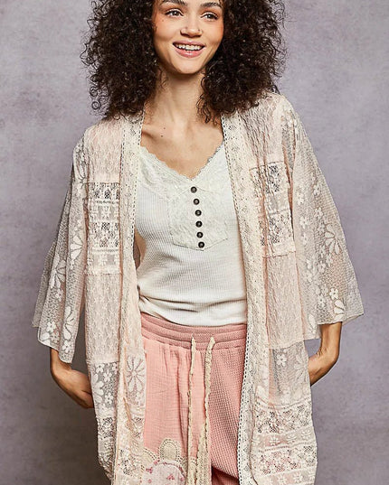 POL Lace Floral Open Front Cardigan with Trim Detail - Sleekdenim.com