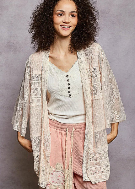 POL Lace Floral Open Front Cardigan with Trim Detail - Sleekdenim.com