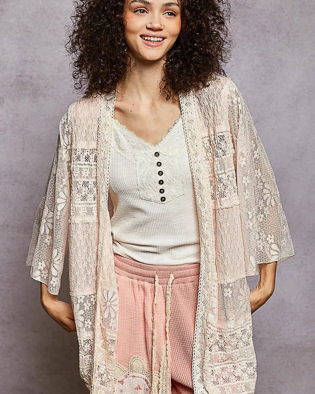 POL Lace Floral Open Front Cardigan with Trim Detail - Sleekdenim.com