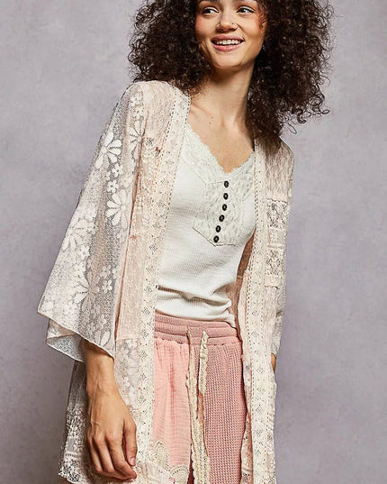 POL Lace Floral Open Front Cardigan with Trim Detail - Sleekdenim.com