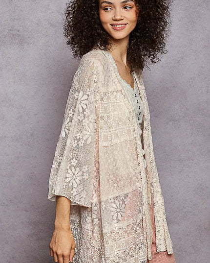 POL Lace Floral Open Front Cardigan with Trim Detail - Sleekdenim.com
