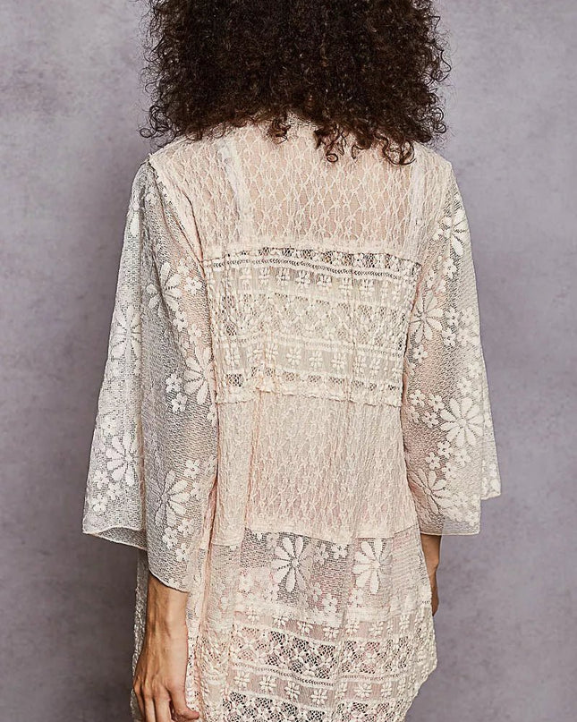 POL Lace Floral Open Front Cardigan with Trim Detail - Sleekdenim.com