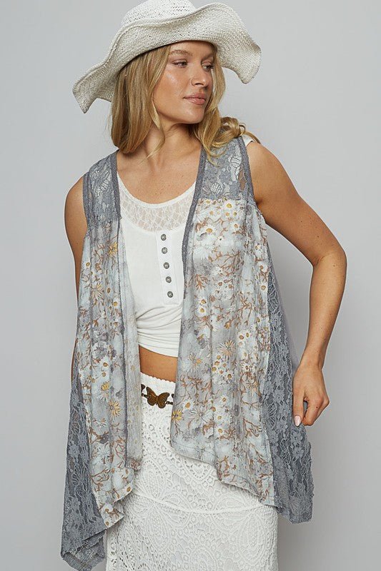 POL Lace Patchwork Floral Open Front Sleeveless Cardigan - Sleekdenim.com