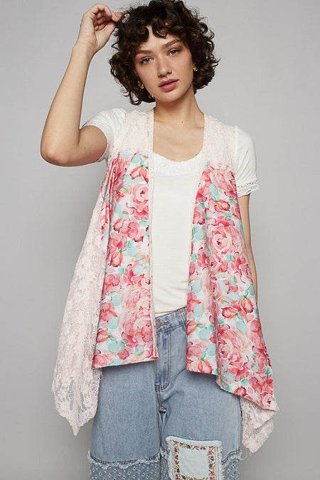 POL Lace Patchwork Floral Open Front Sleeveless Cardigan - Sleekdenim.com