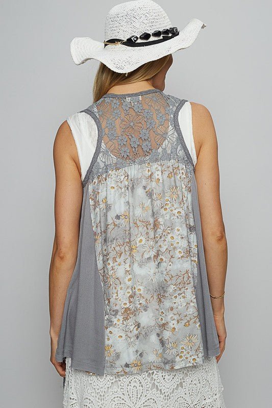 POL Lace Patchwork Floral Open Front Sleeveless Cardigan - Sleekdenim.com