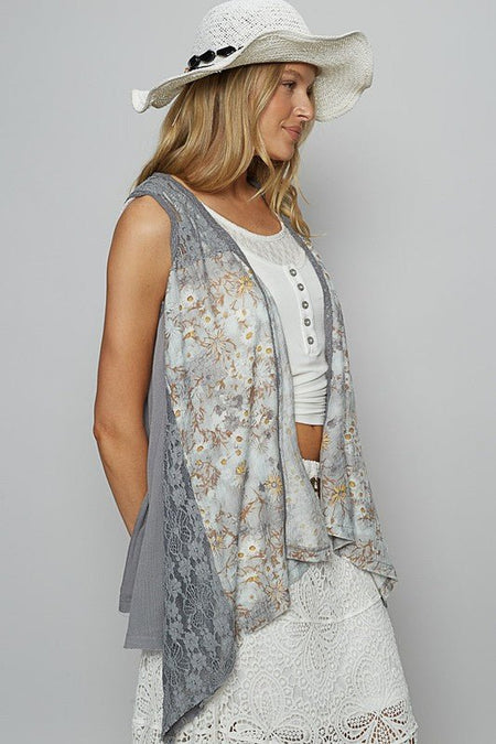 POL Lace Patchwork Floral Open Front Sleeveless Cardigan - Sleekdenim.com