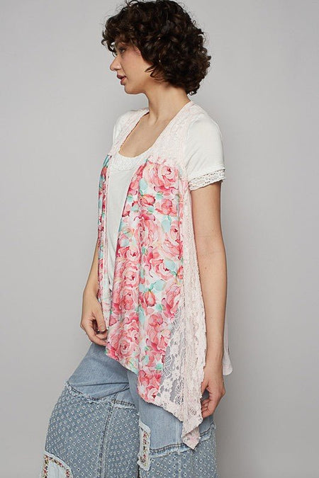 POL Lace Patchwork Floral Open Front Sleeveless Cardigan - Sleekdenim.com