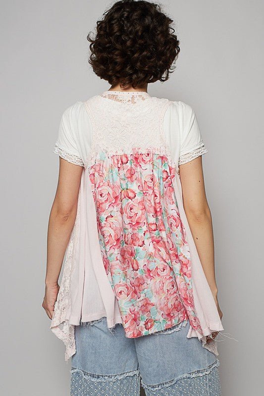 POL Lace Patchwork Floral Open Front Sleeveless Cardigan - Sleekdenim.com