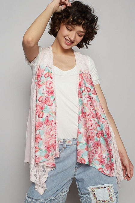 POL Lace Patchwork Floral Open Front Sleeveless Cardigan - Sleekdenim.com